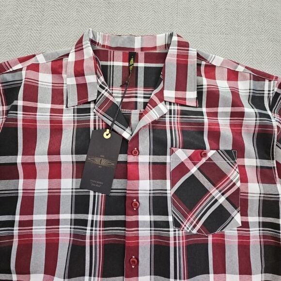 True Rock Shirt Men's 3XL Black Red Plaid Short Sleeve Button Up Pocket Y2K NWT - Picture 4 of 16
